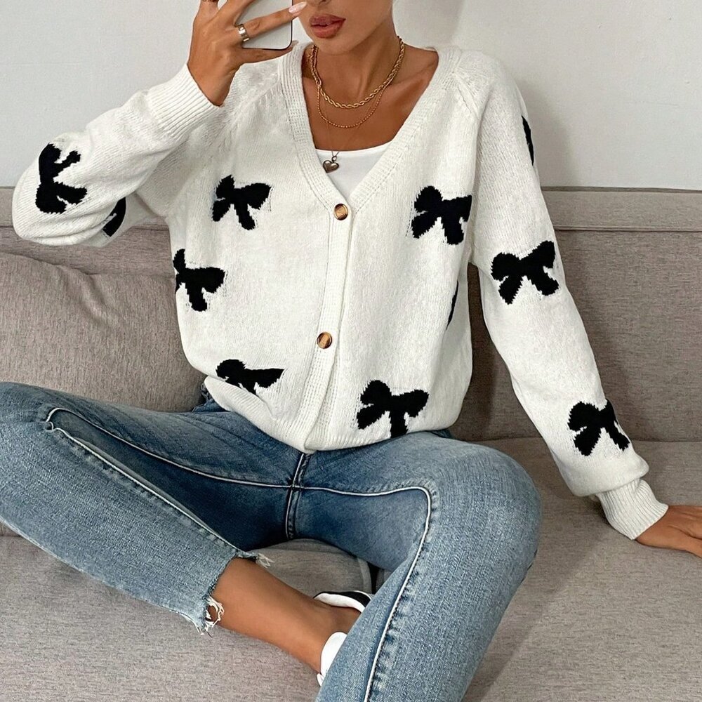 White Casual Women's Front Button Blouse with Bow Detail